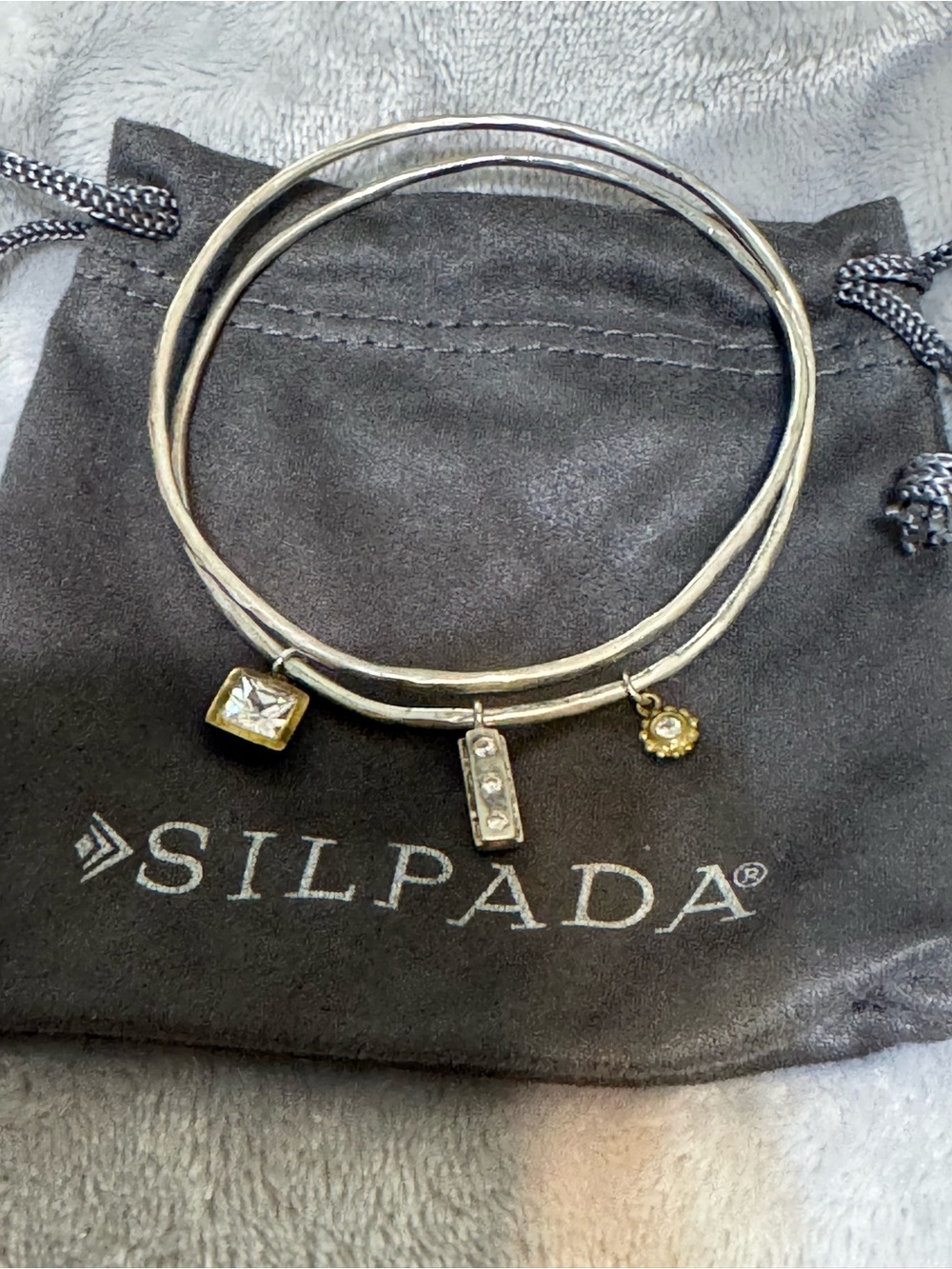 Silpada "In the Mix" Sterling Silver & Brass Double Bangle CZ Bracelet B3079